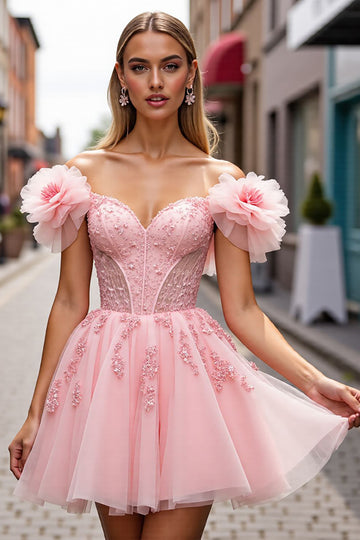 Blush Off The Shoulder Corset Homecoming Dress with 3D Flowers